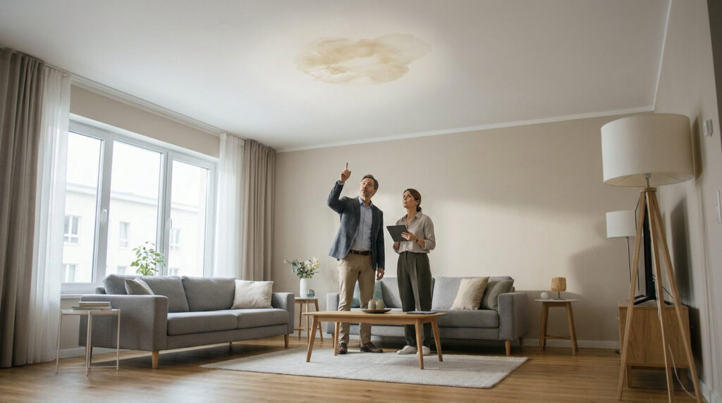 Un homme et une femme inspectent une tache d'humidité sur le plafond d'un salon moderne.