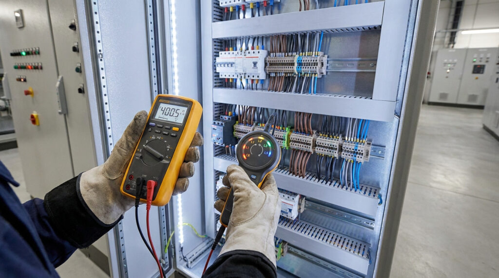 Un technicien utilise un multimètre et un testeur d'ordre de phases sur une armoire électrique industrielle.