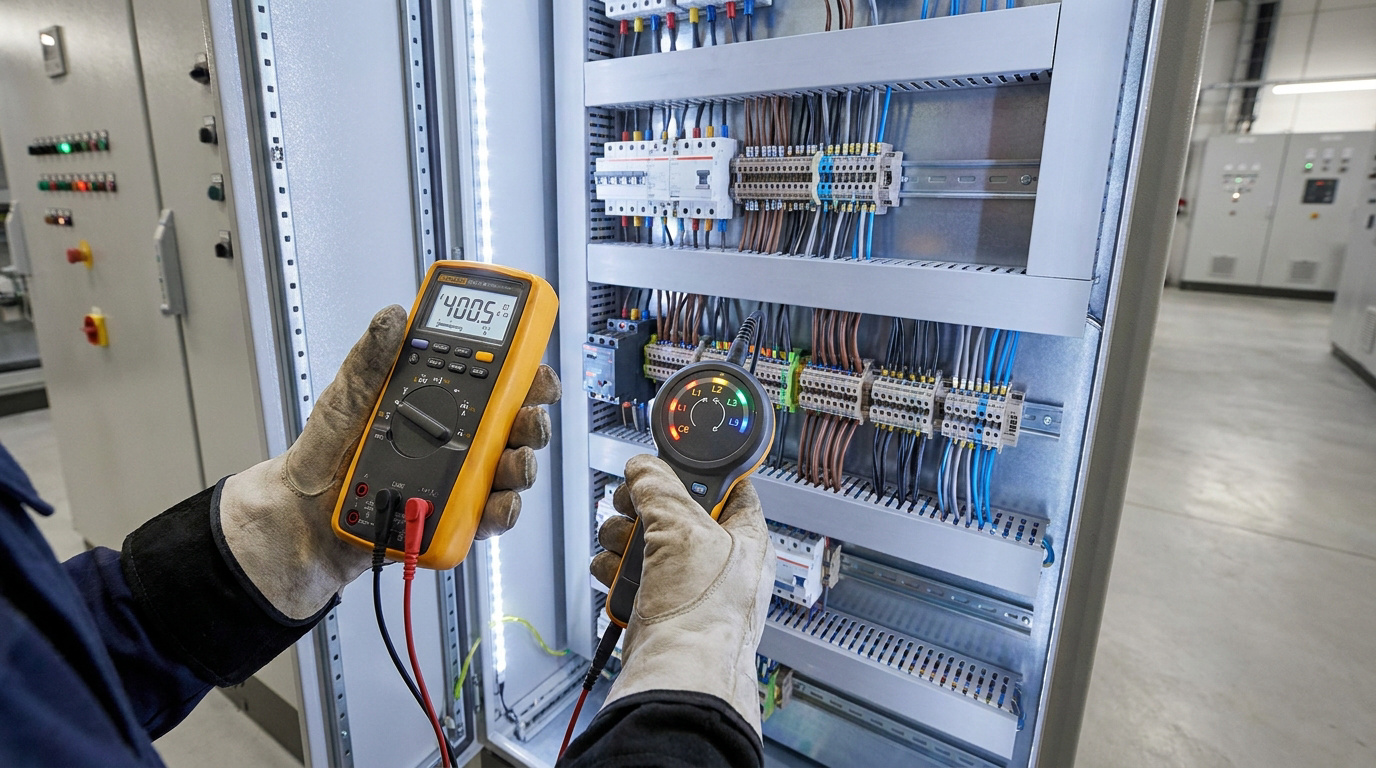Un technicien utilise un multimètre et un testeur d'ordre de phases sur une armoire électrique industrielle.