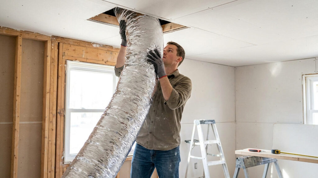 Un technicien installe une gaine de ventilation flexible en aluminium dans le faux plafond d'une maison en rénovation.