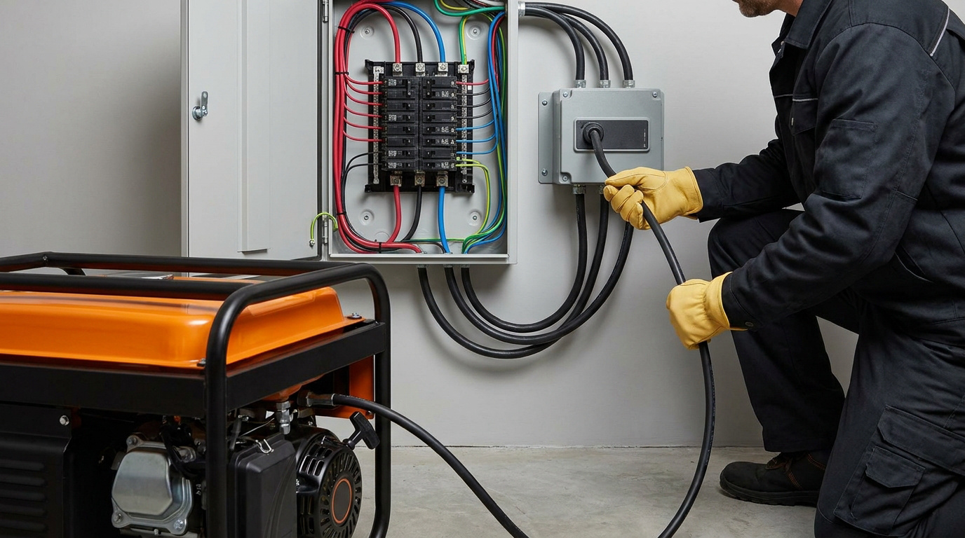 Un électricien branche un câble de groupe électrogène sur un boîtier de transfert mural pour une installation électrique.