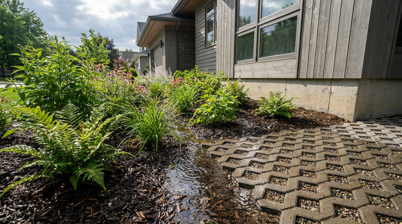 Jardin pluvial avec pavés drainants et plantes luxuriantes près d'une maison moderne sous une pluie légère.