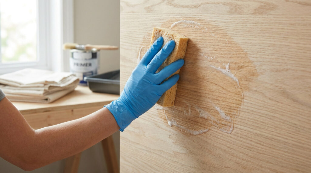 Une main gantée de bleu nettoie une porte en bois avec une éponge savonneuse avant de peindre.