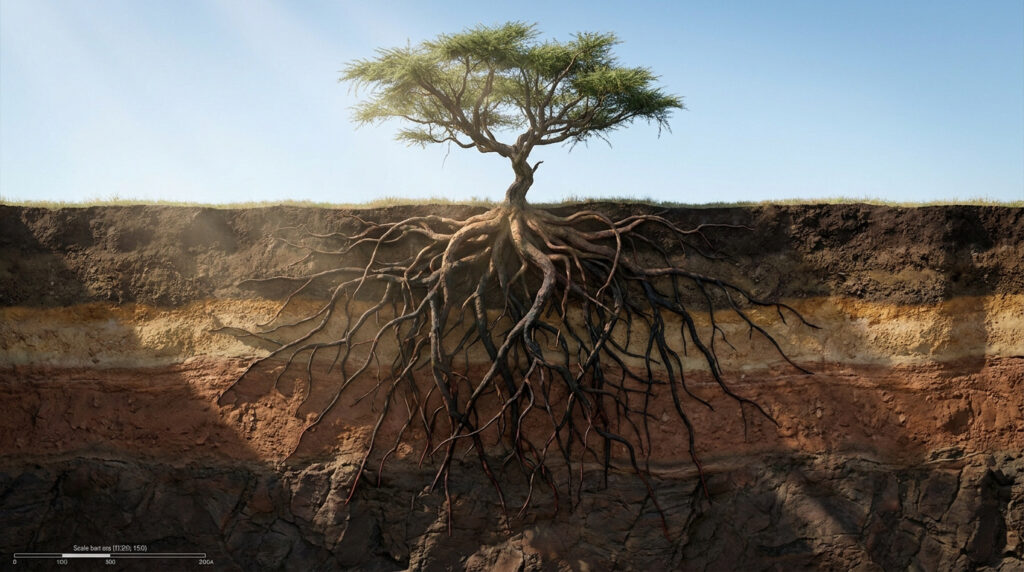 Coupe transversale montrant les racines profondes d'un acacia sous la surface du sol dans un paysage aride.