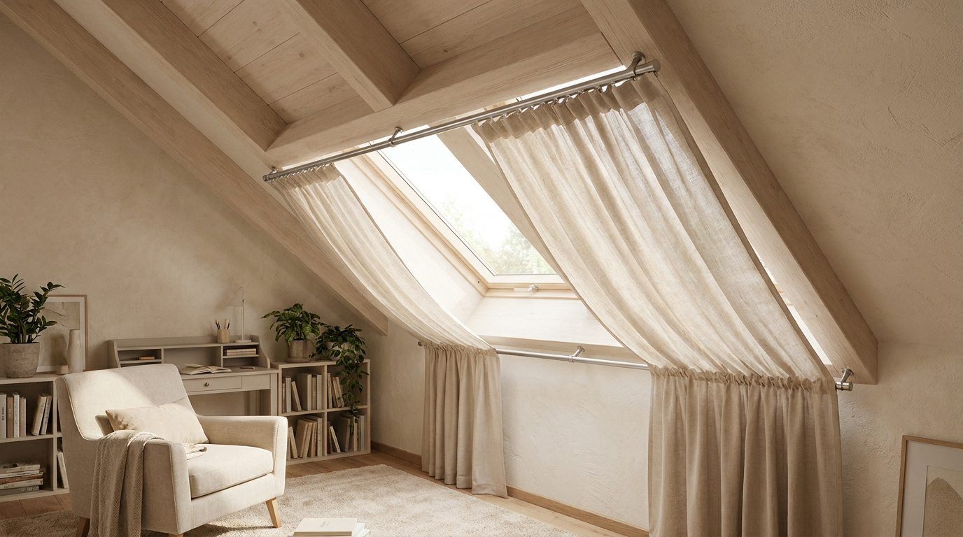 Rideaux en lin beige installés sur une fenêtre de toit inclinée dans une chambre mansardée chaleureuse.