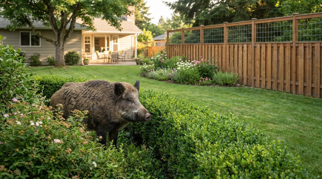 Un sanglier adulte se tient dans un jardin résidentiel privé à côté d'une haie et d'une clôture en bois.