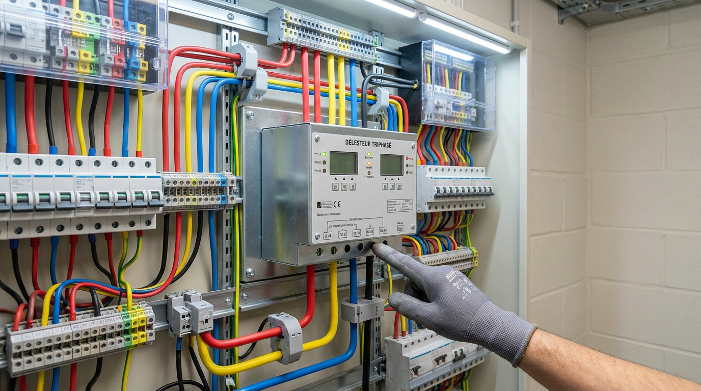 Main d'un technicien montrant un boîtier de délesteur triphasé dans un tableau électrique professionnel.