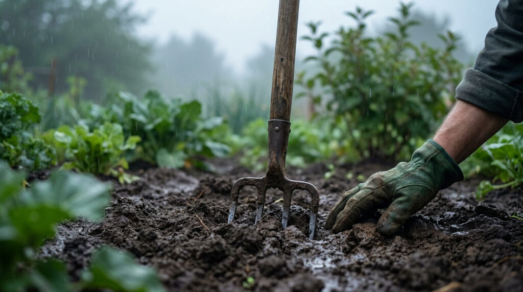 Une main gantée tenant une fourche-bêche enfoncée dans une terre humide et boueuse sous une pluie fine au jardin.