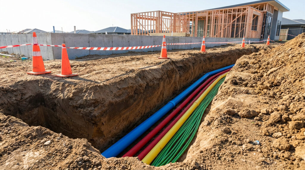 Tranchée ouverte sur un chantier avec des gaines colorées et des cônes de signalisation devant une maison en bois.