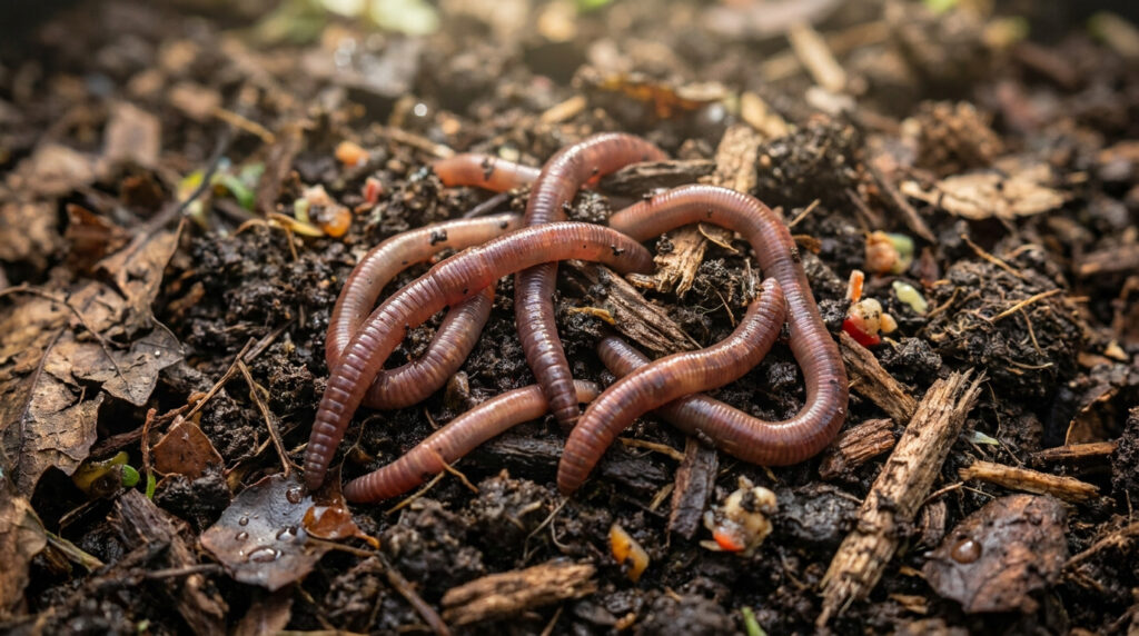 Gros plan sur plusieurs vers de terre entremêlés dans un sol riche et humide.