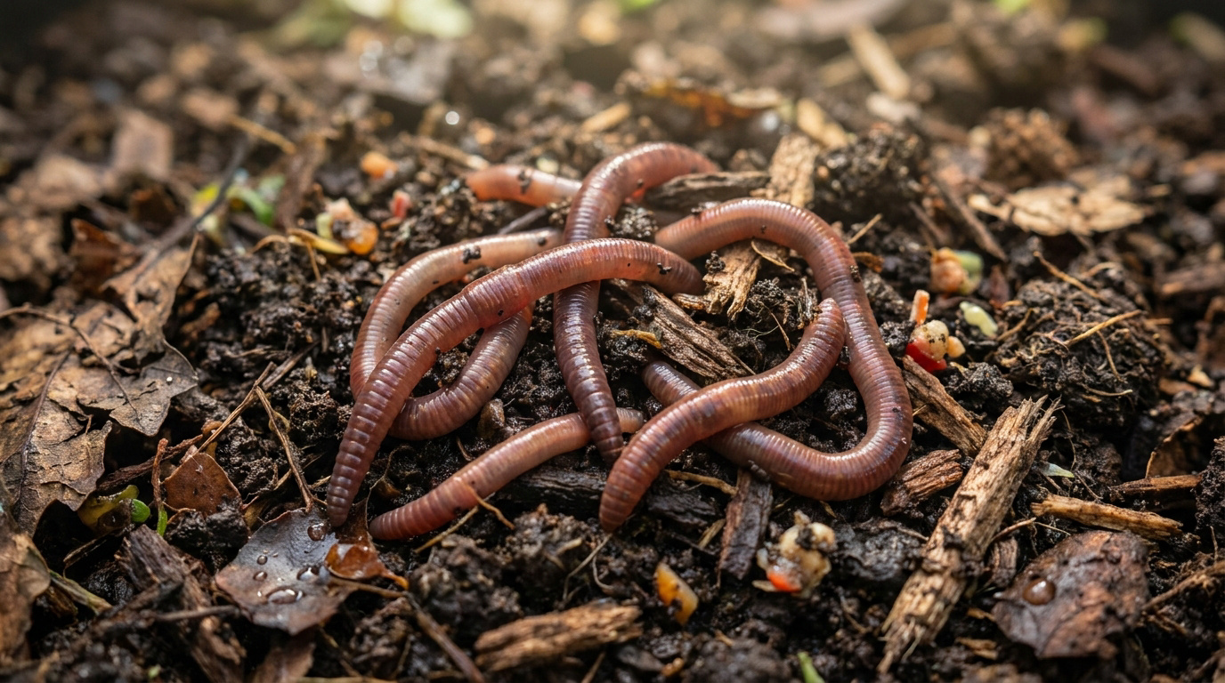 Gros plan sur plusieurs vers de terre entremêlés dans un sol riche et humide.