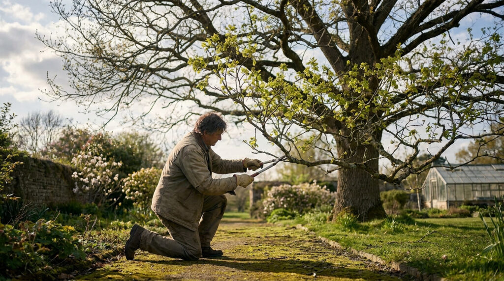 Un jardinier agenouillé taille les branches d'un grand arbre avec un coupe-branches dans un jardin printanier.
