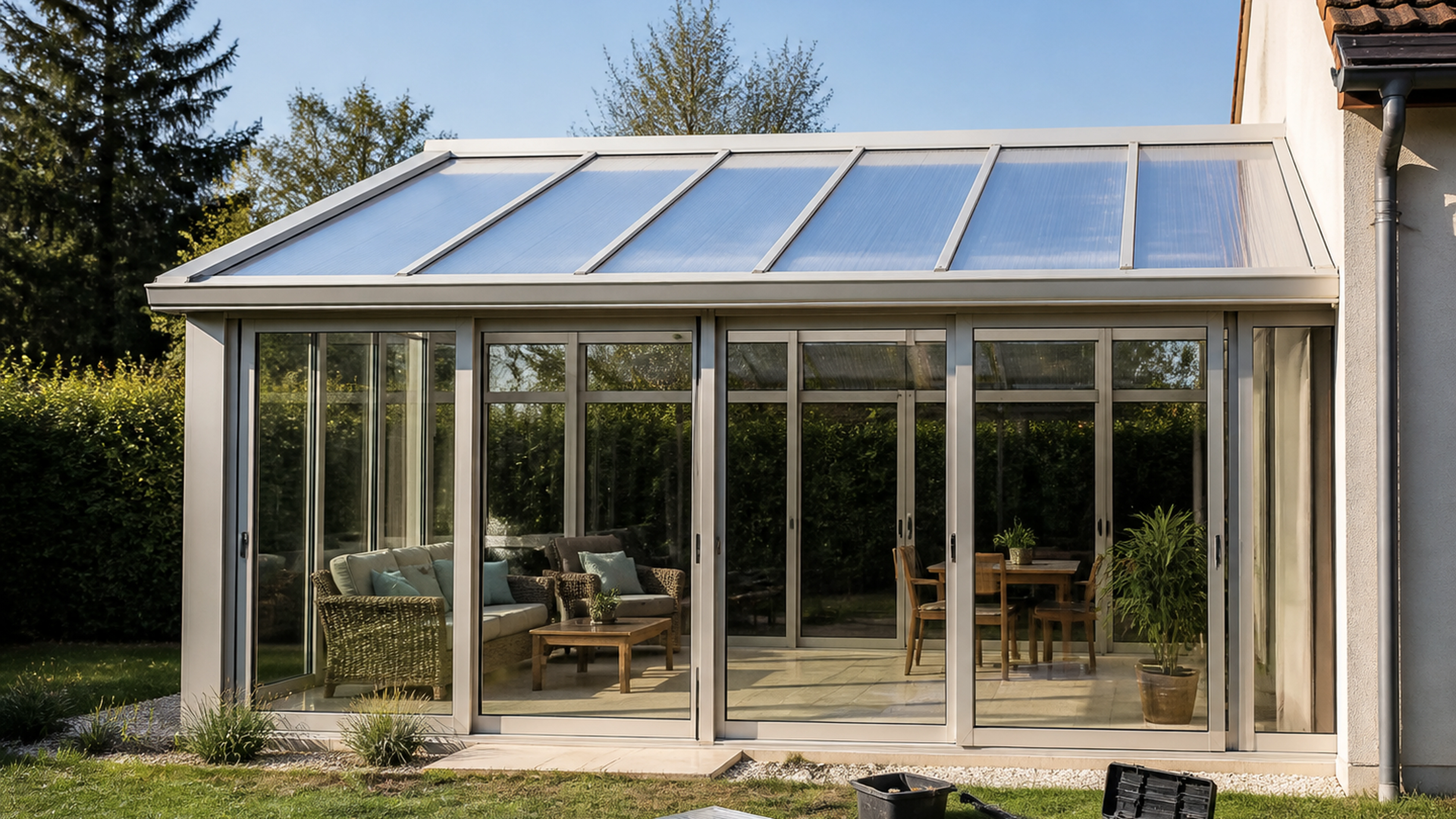 Illustration éditoriale pour l’article « Panneau polycarbonate veranda : bien choisir sa toiture »