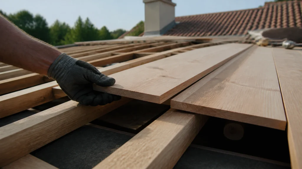 Illustration éditoriale pour l’article « Choisir la meilleure planche bois toiture pour vos travaux »