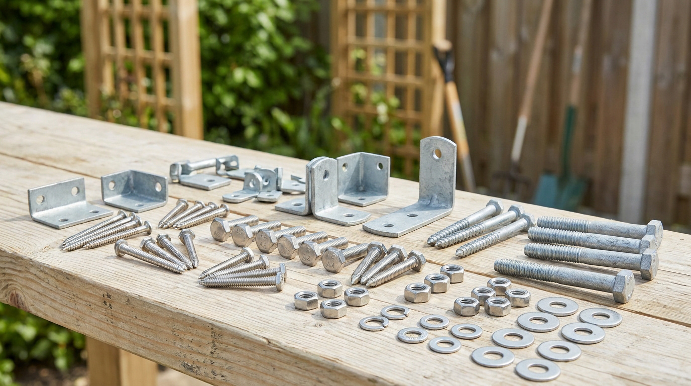 Divers éléments de quincaillerie en métal galvanisé disposés sur une planche de bois dans un jardin.
