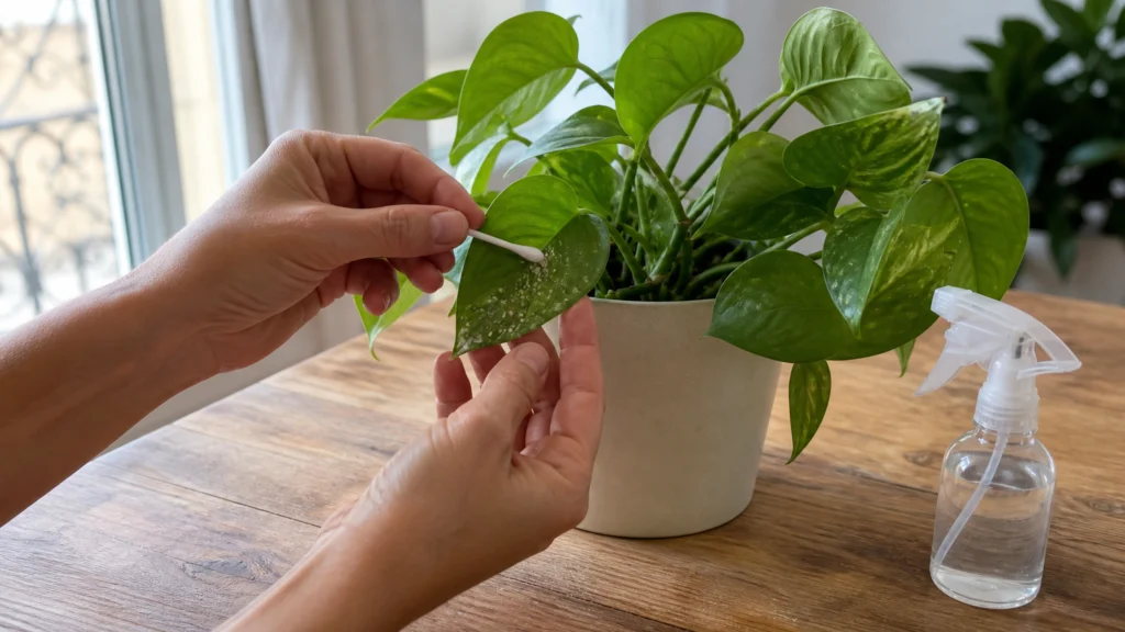 Illustration éditoriale pour l’article « Comment réussir le traitement parasite plante intérieur »