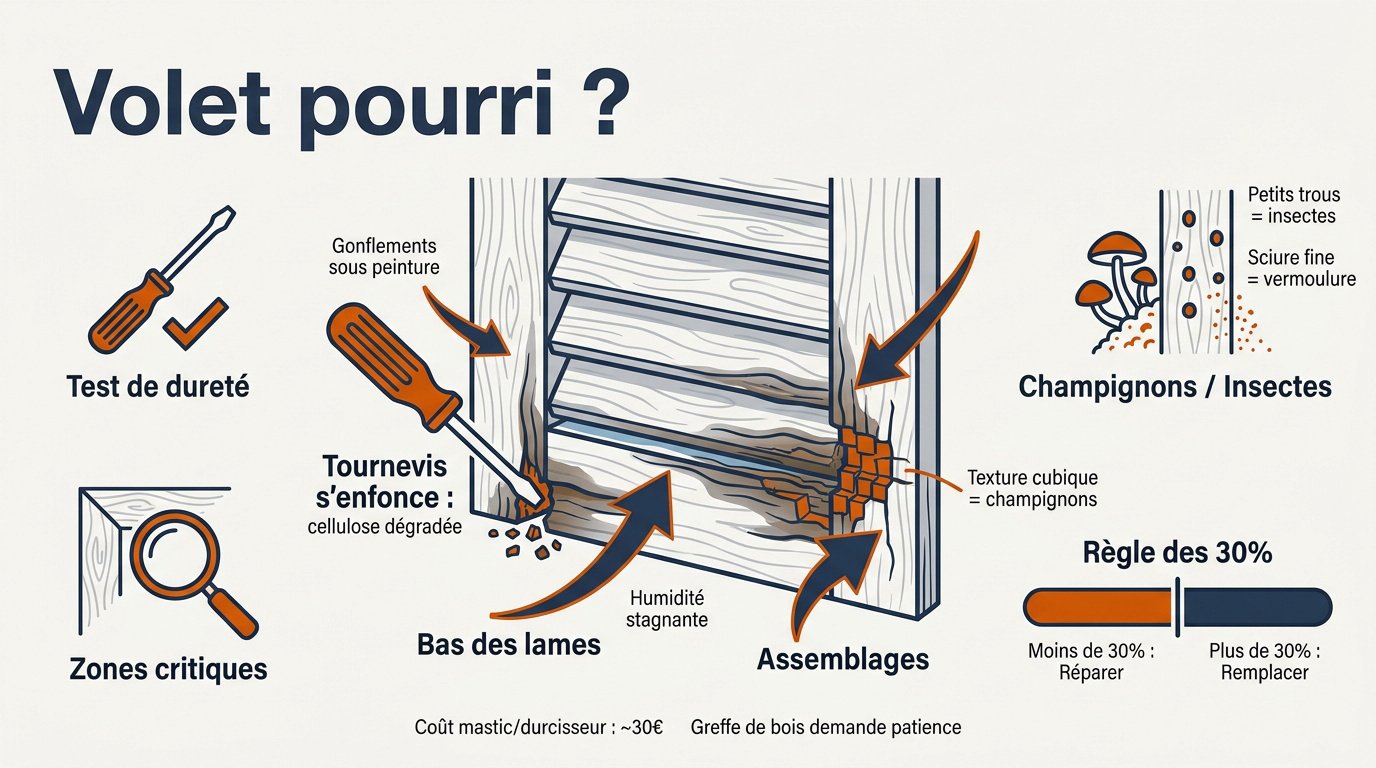Test du tournevis sur un volet en bois pourri pour vérifier la dureté des fibres
