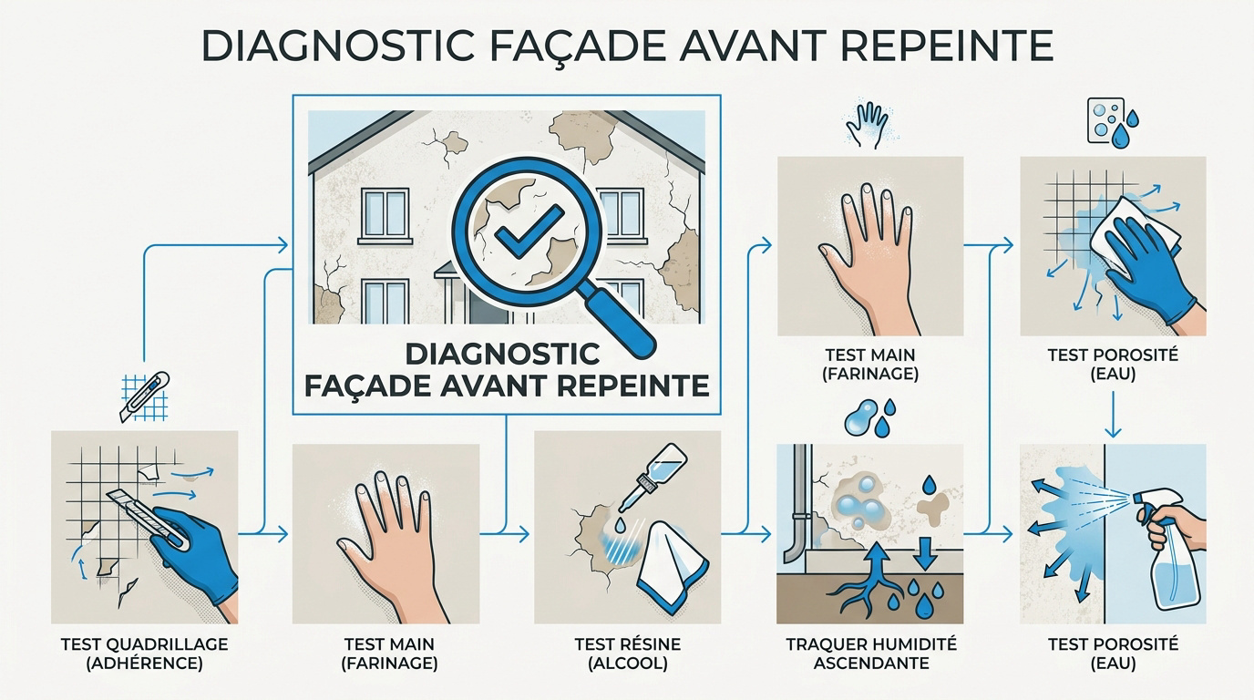 Expert vérifiant l'état d'une peinture de façade ancienne avant rénovation
