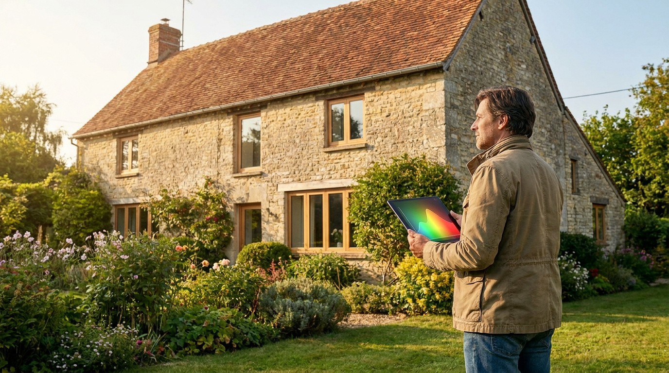 Homme observant une maison ancienne avec une tablette affichant un graphique thermique.