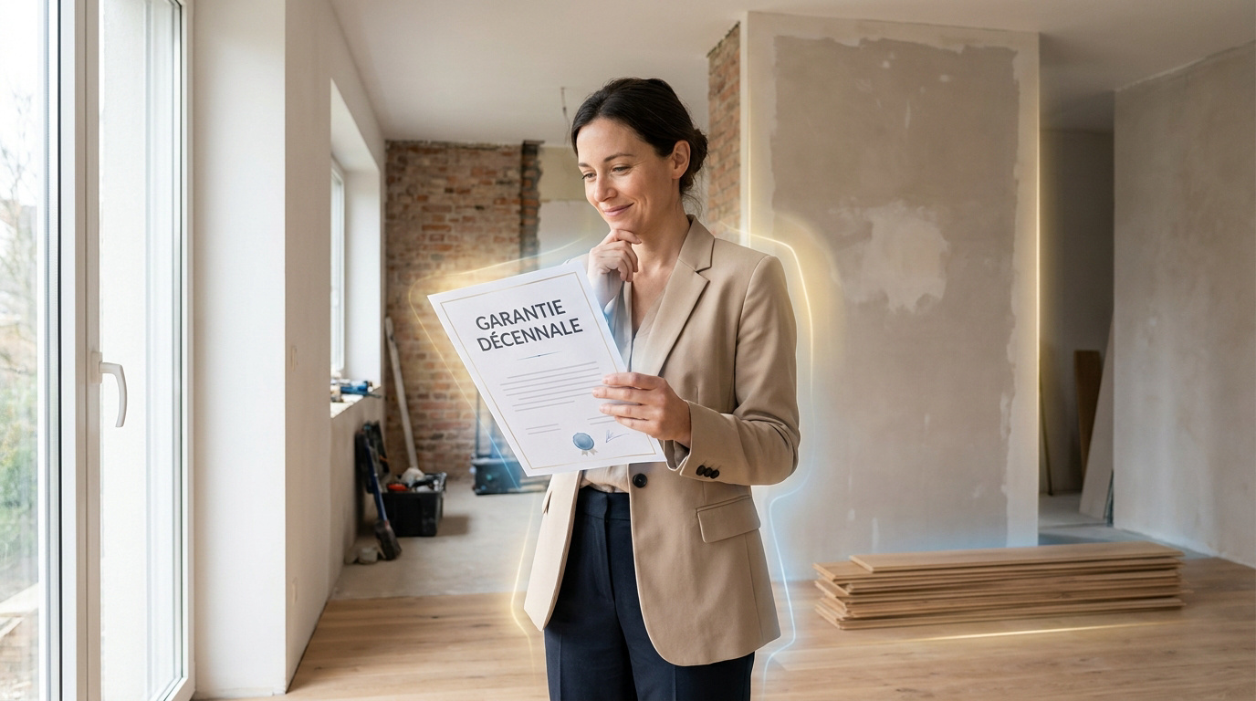 Une femme d'affaires examine un document portant la mention « Garantie Décennale » dans un appartement en cours de travaux.