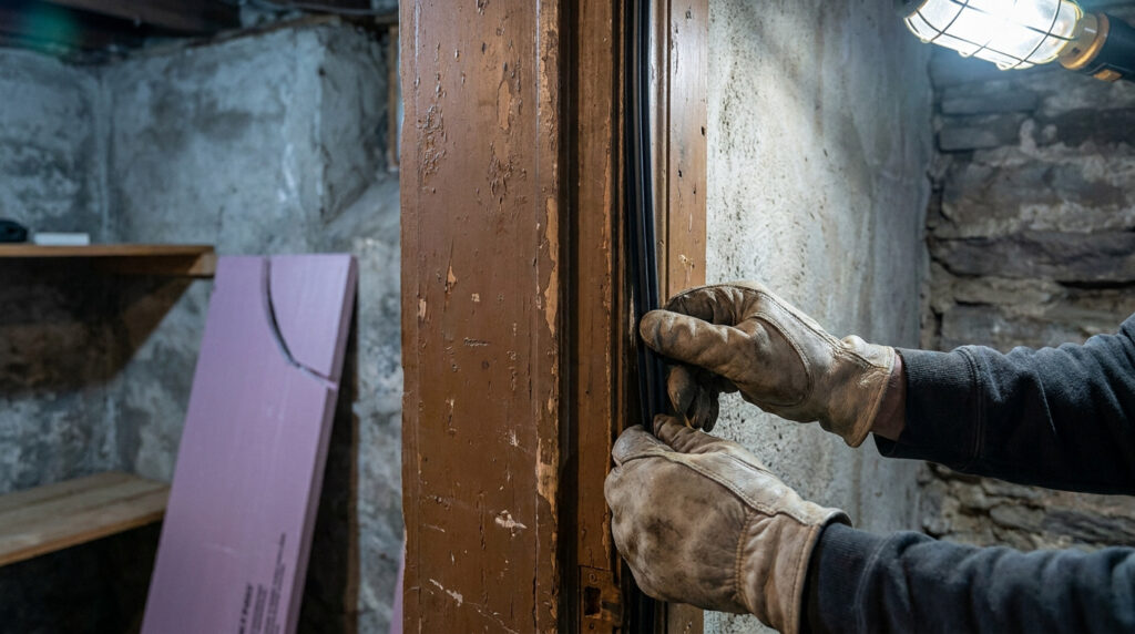 Mains gantées installant un joint d'étanchéité noir sur le cadre en bois d'une porte de cave en sous-sol.