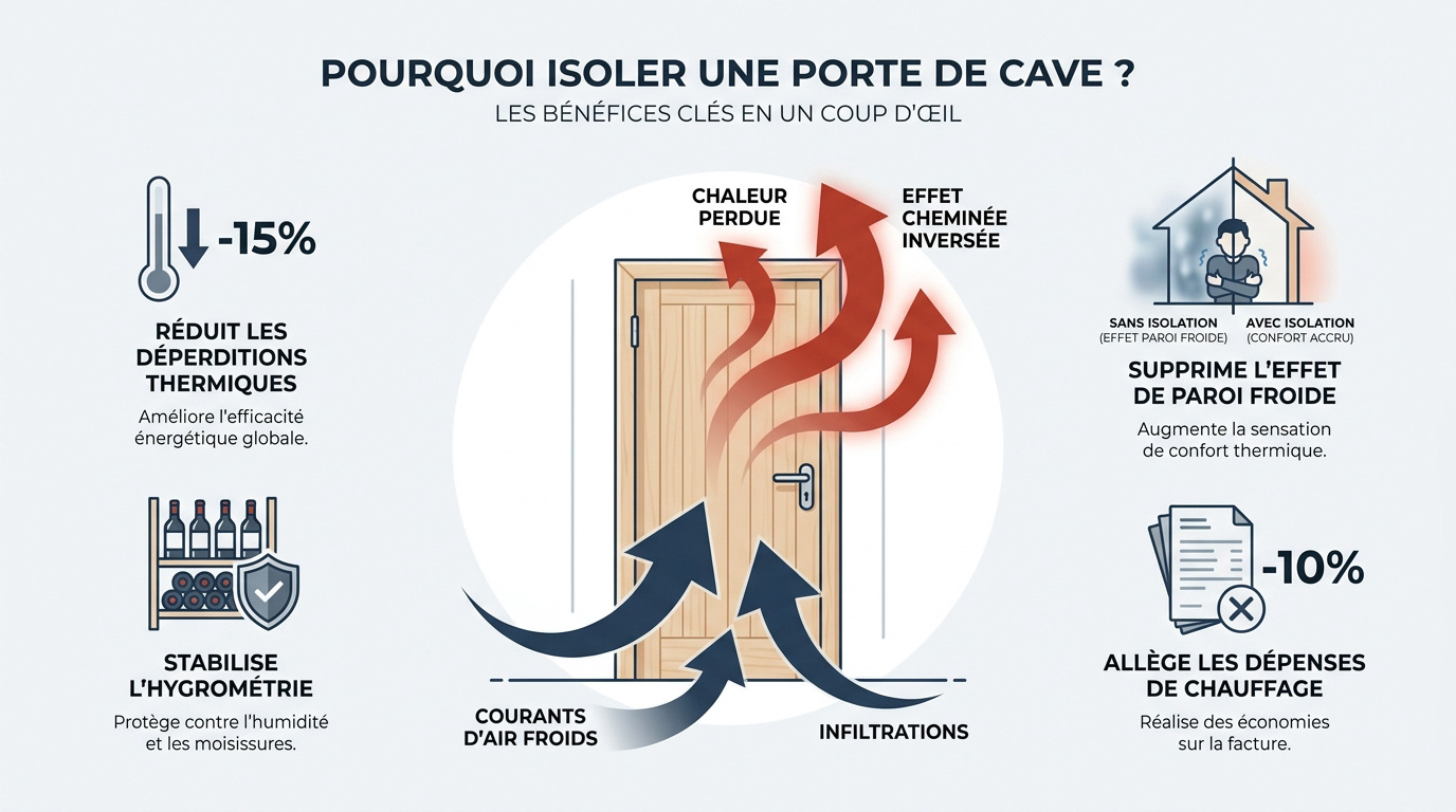 Schéma des bénéfices de l'isolation d'une porte de cave contre le froid et l'humidité