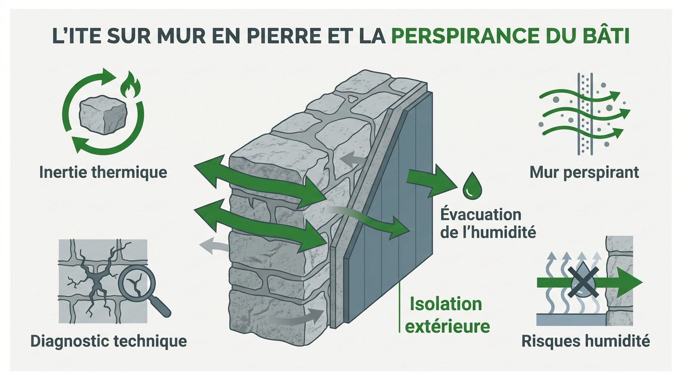 Schéma technique d'une isolation thermique par l'extérieur sur un mur en pierre ancienne respectant la perspirance