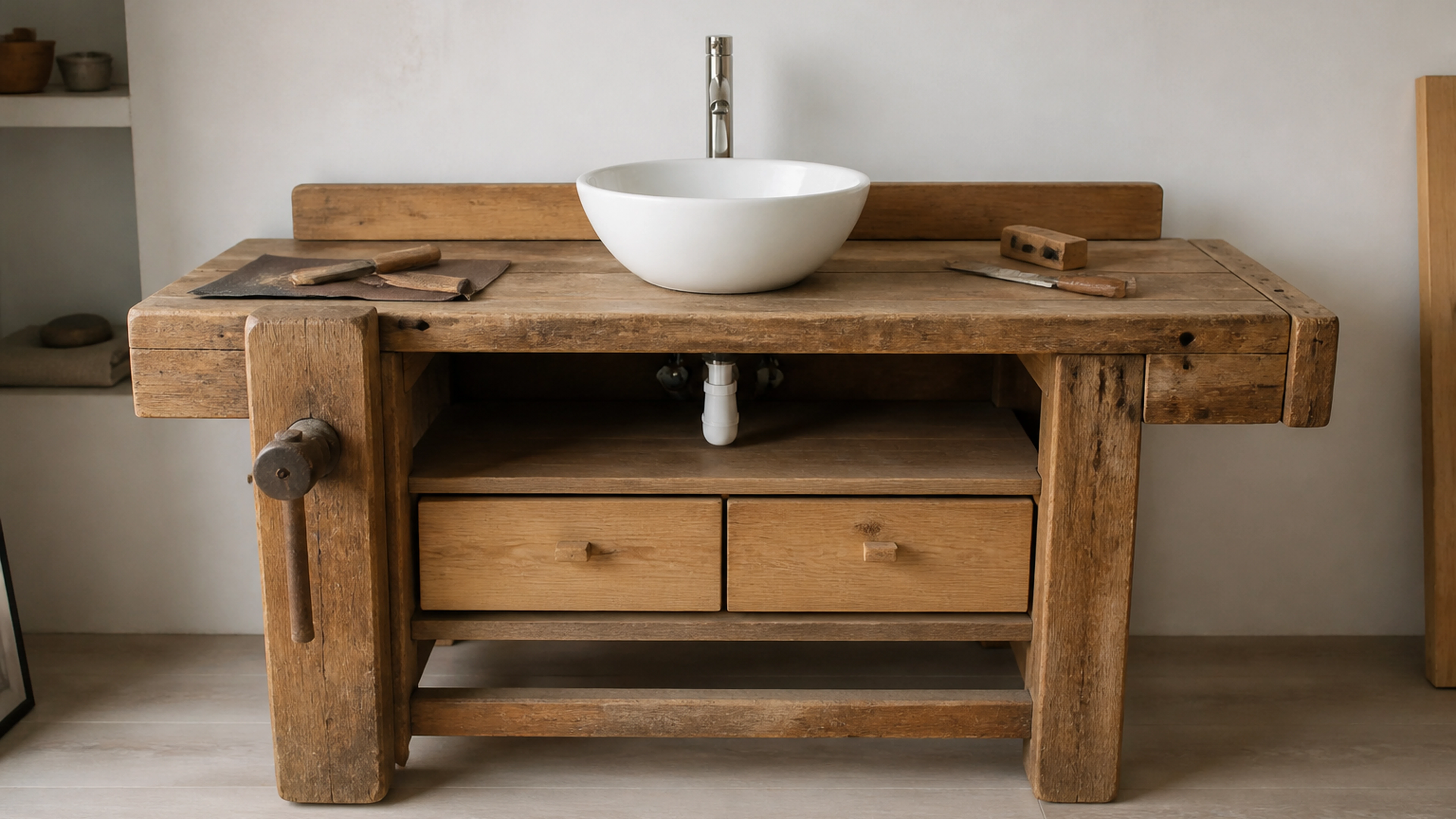 Illustration éditoriale pour l’article « Comment transformer un meuble salle bain établi menuisier »