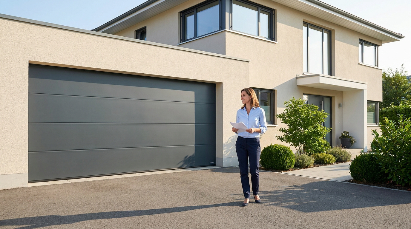 Une femme souriante devant une maison moderne avec une porte de garage grise, tenant des documents en main.