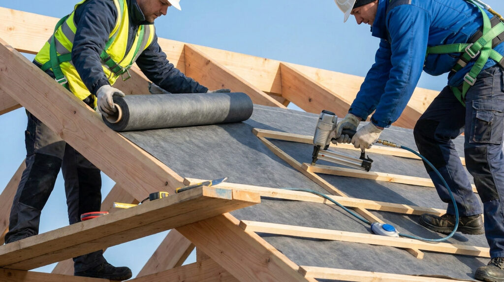 Deux ouvriers en tenue de sécurité installent un écran de sous-toiture sur la charpente d'une maison en construction.