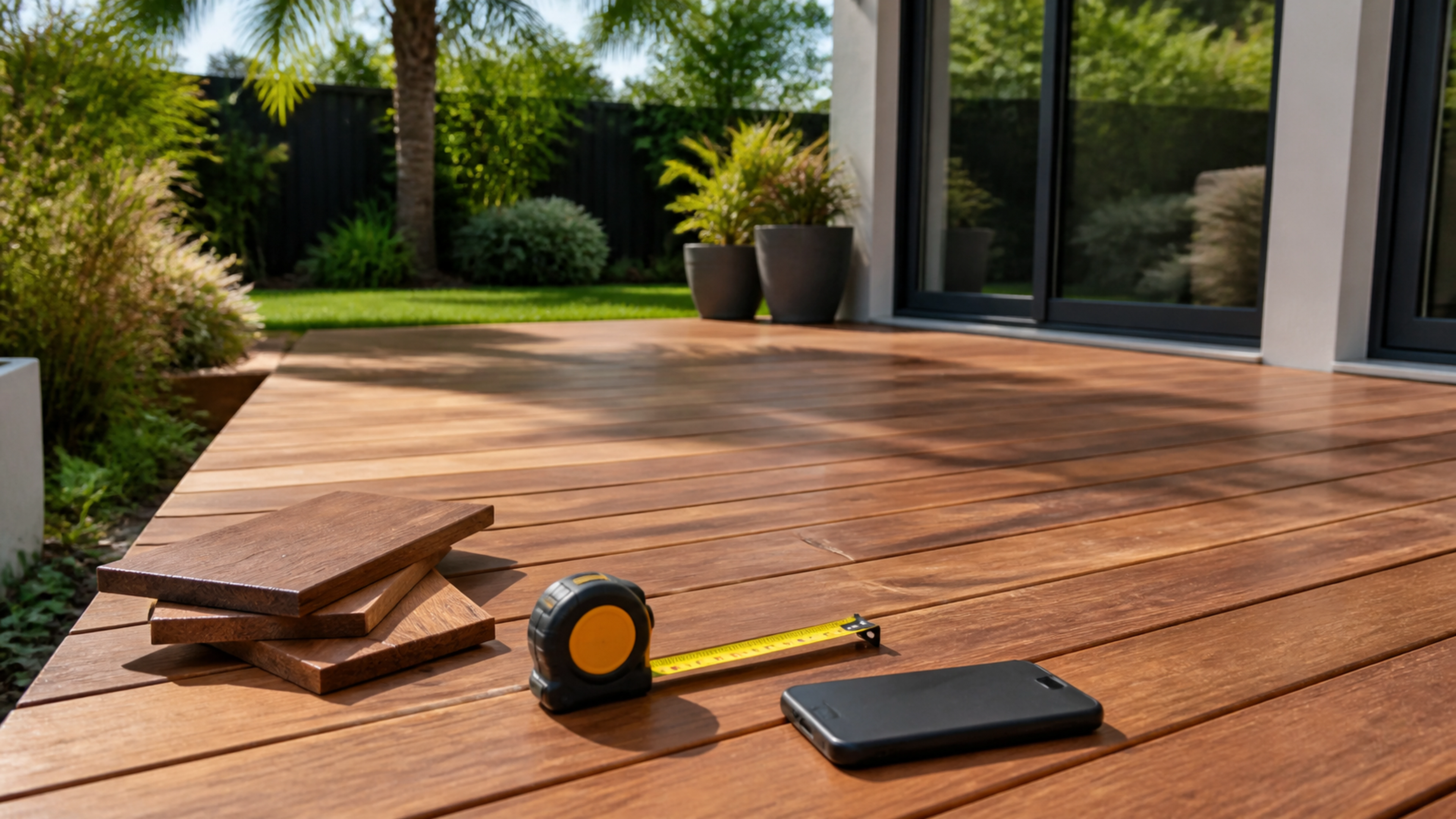 Illustration éditoriale pour l’article « Prix au m² d'une terrasse en bois exotique en 2026 »