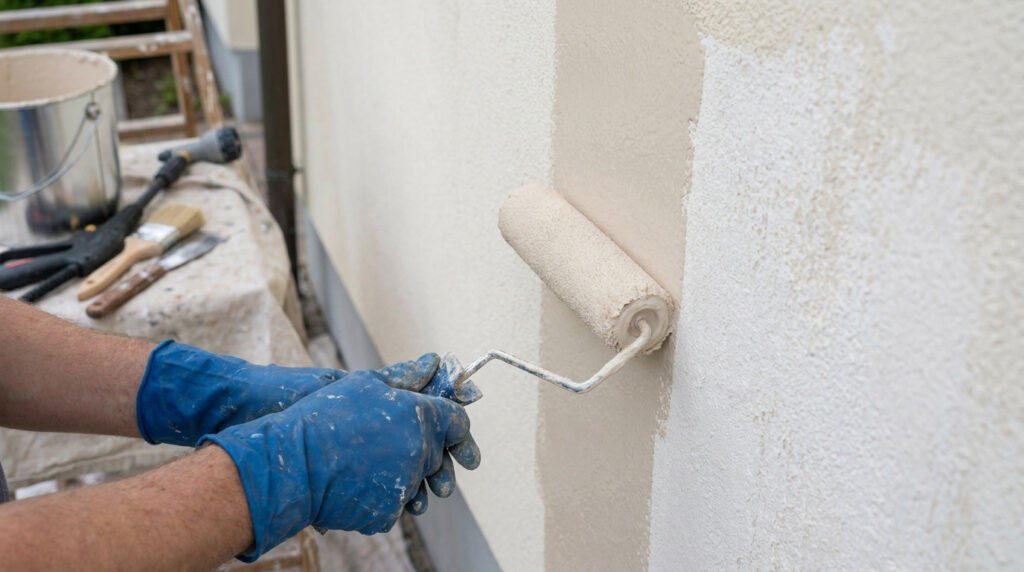 Une personne avec des gants bleus applique de la peinture beige sur un mur extérieur à l'aide d'un rouleau.