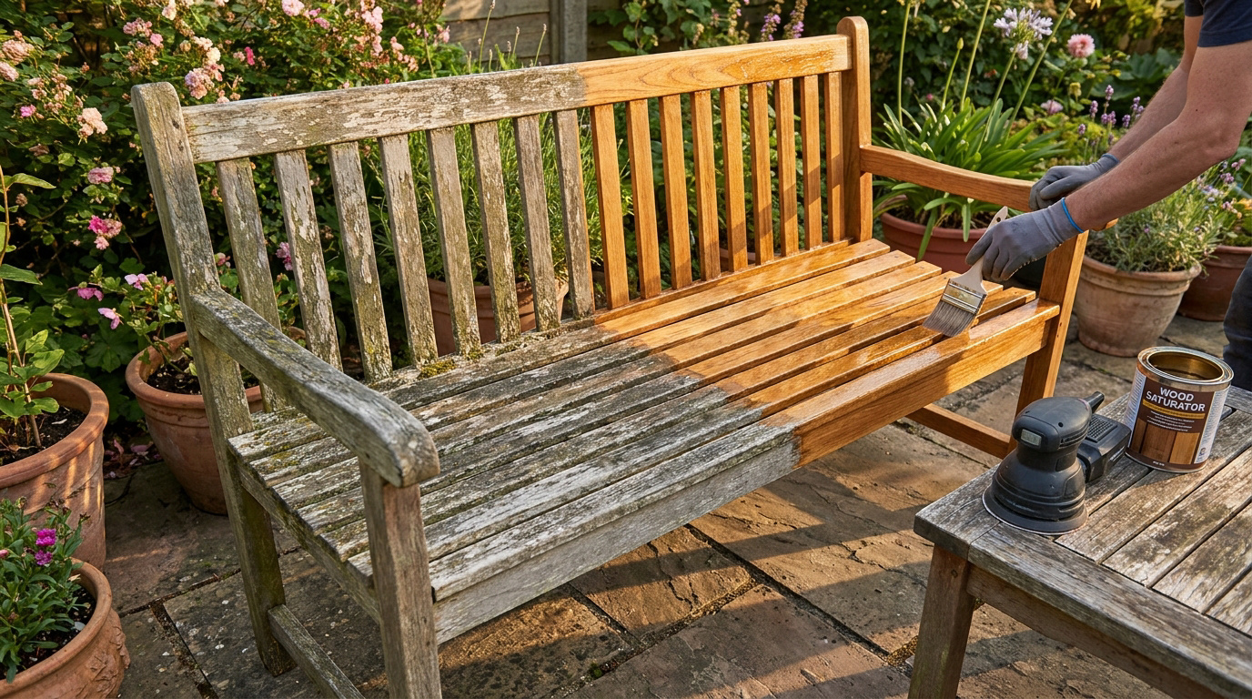 Une personne appliquant du saturateur sur un banc de jardin en bois à moitié restauré dans un jardin.
