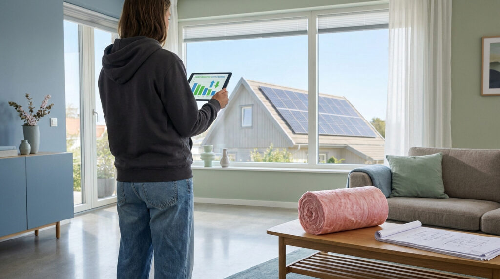 Une personne regarde un graphique de performance énergétique sur une tablette face à une maison équipée de panneaux solaires.