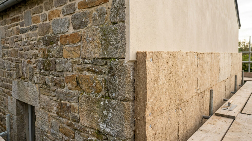 Panneaux isolants en fibre de bois fixés sur un mur en pierre ancienne lors de travaux de rénovation énergétique.