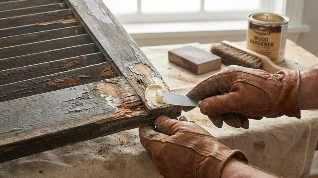 Une personne avec des gants en cuir applique du mastic sur un volet en bois abîmé avec une spatule.