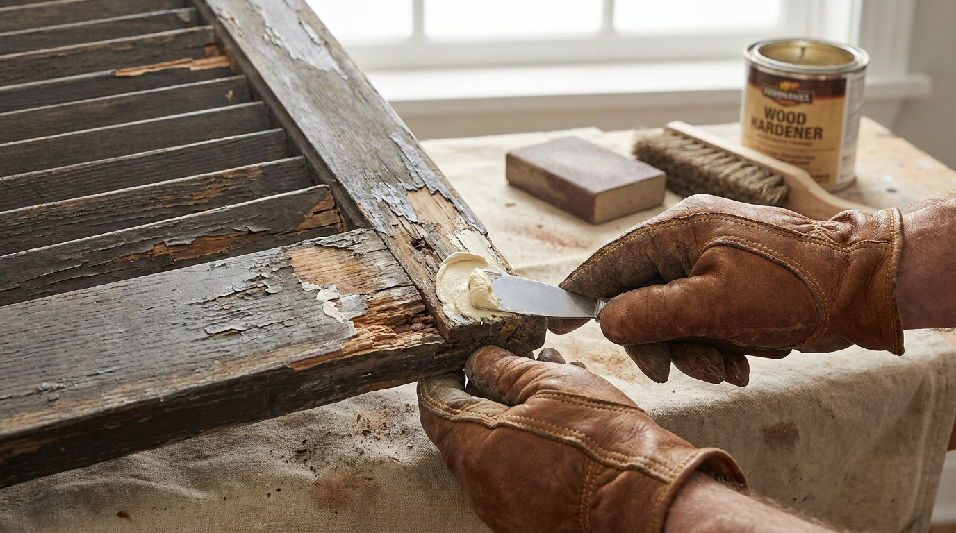 Une personne avec des gants en cuir applique du mastic sur un volet en bois abîmé avec une spatule.