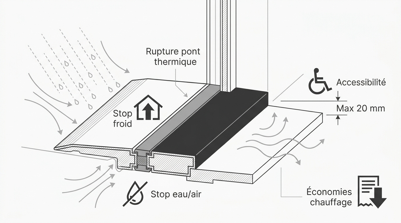 Seuil de porte d'entrée en aluminium avec rupture de pont thermique pour une isolation optimale et accessibilité PMR.