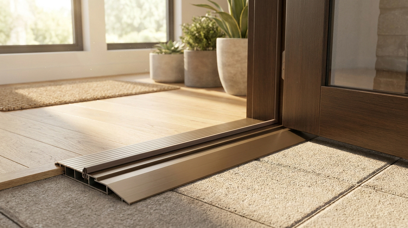 Seuil de porte d'entrée moderne avec profilé d'étanchéité installé sur un sol carrelé.