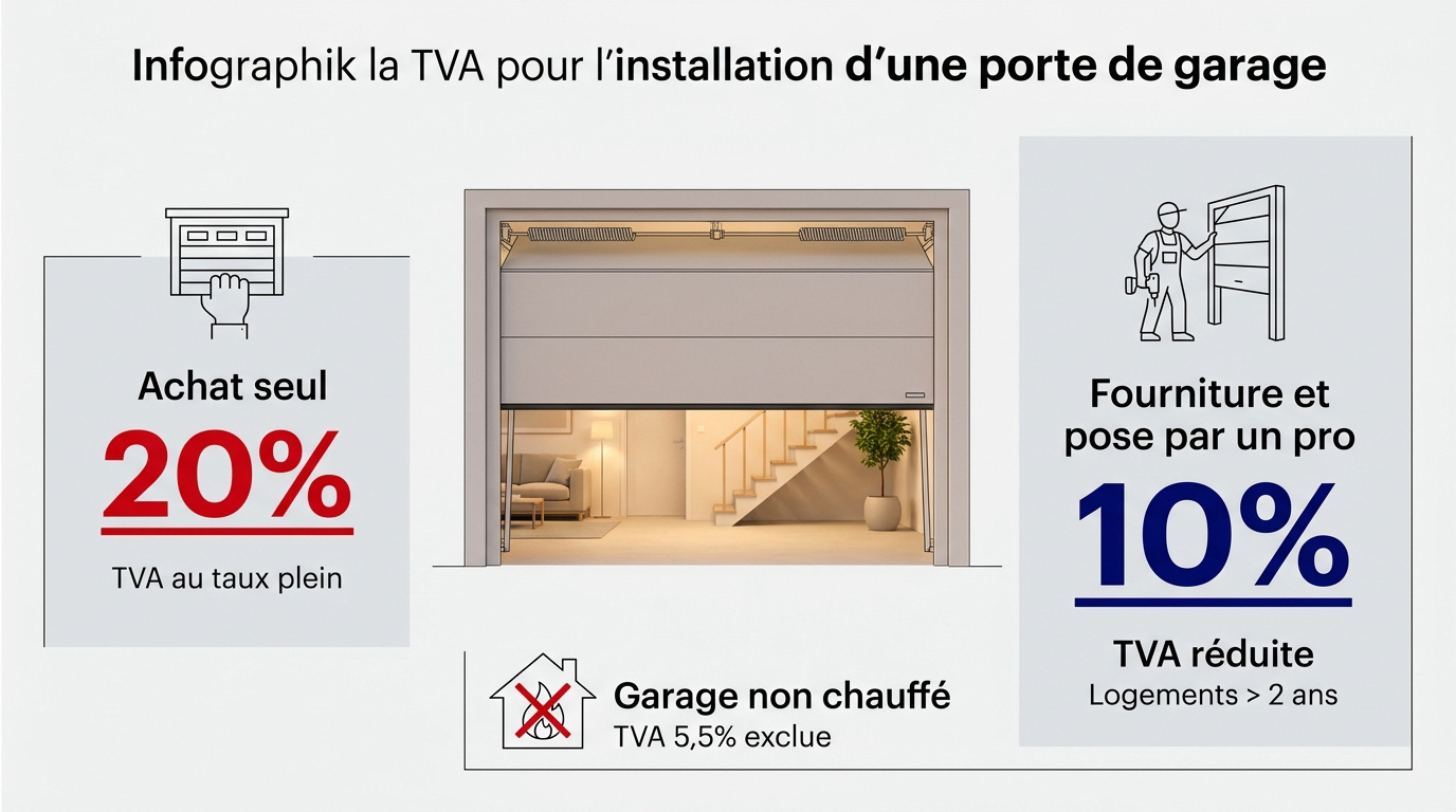 Comparaison TVA 20% achat seul versus TVA 10% pose par un professionnel pour une porte de garage