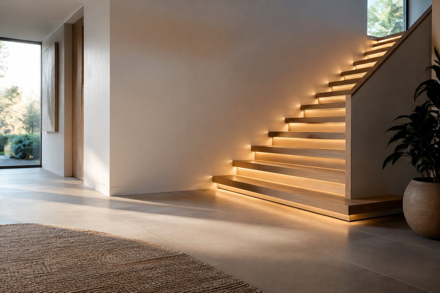 Escalier en bois contemporain illuminé par des bandes LED sous chaque marche dans une maison moderne.