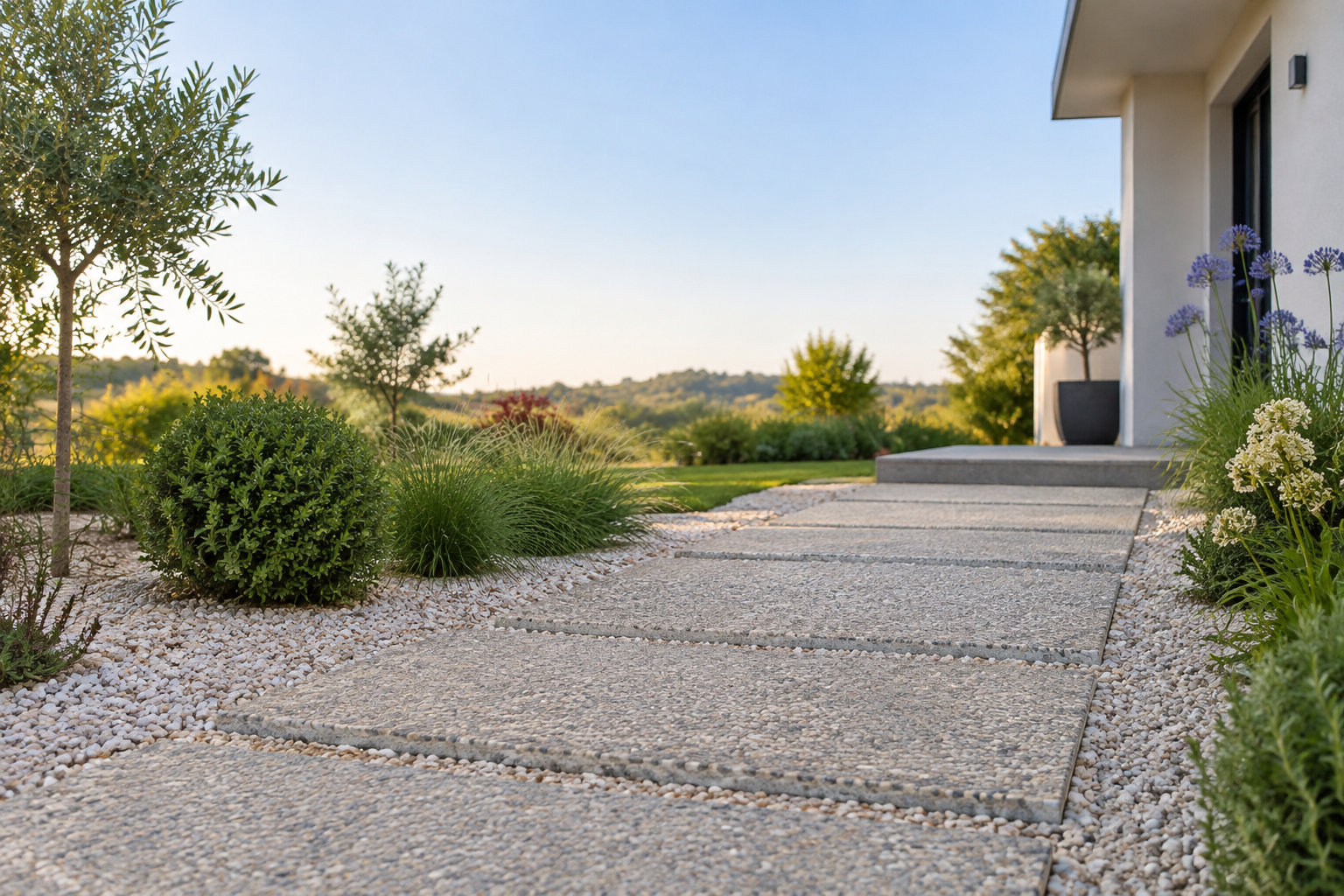 Allée de jardin composée de dalles gravillonnées entourées de graviers blancs, avec des plantations et une maison moderne.
