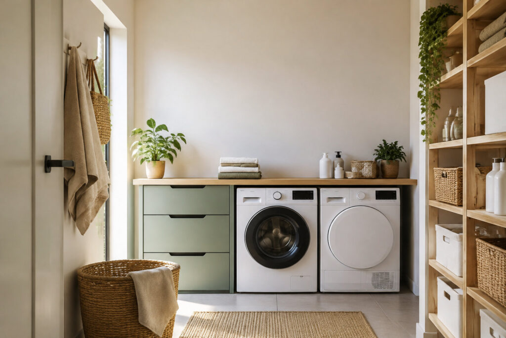 Buanderie lumineuse et organisée de 5 m² avec lave-linge, sèche-linge, étagères en bois et panier en osier.