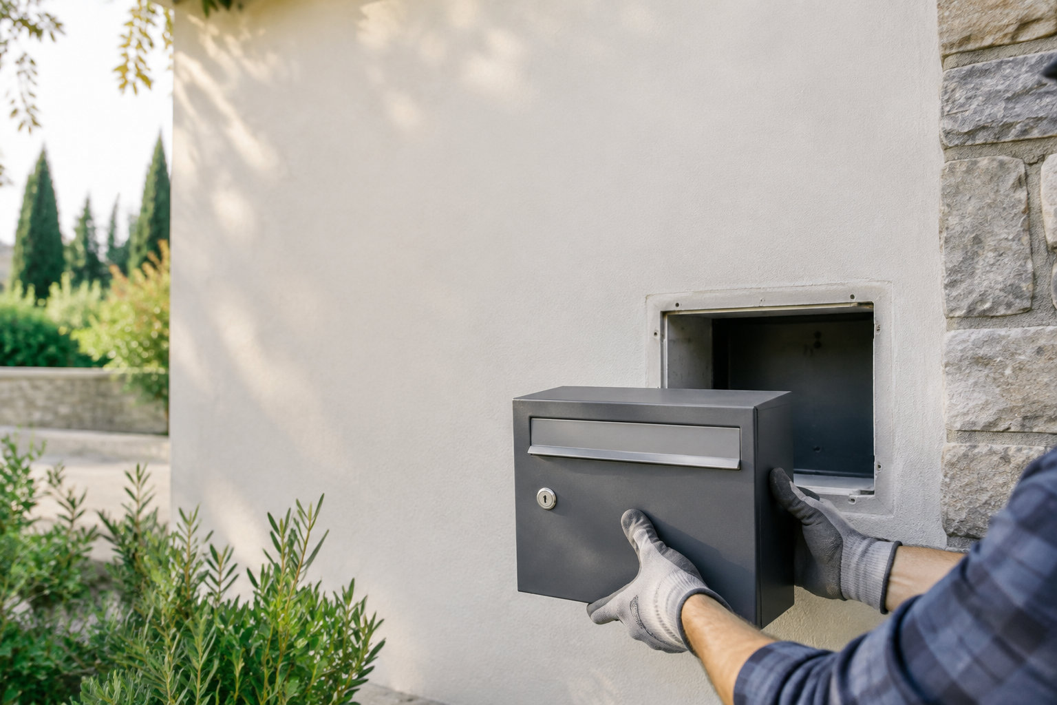Un ouvrier portant des gants installe une boîte aux lettres grise dans une cavité d'un mur extérieur crépi.