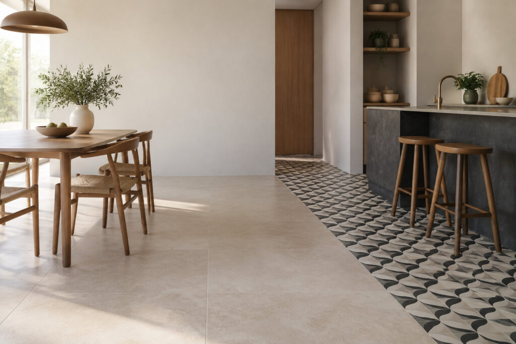 Sol combinant des grands carreaux beiges unis et une bande de carrelage à motifs géométriques dans une cuisine moderne.