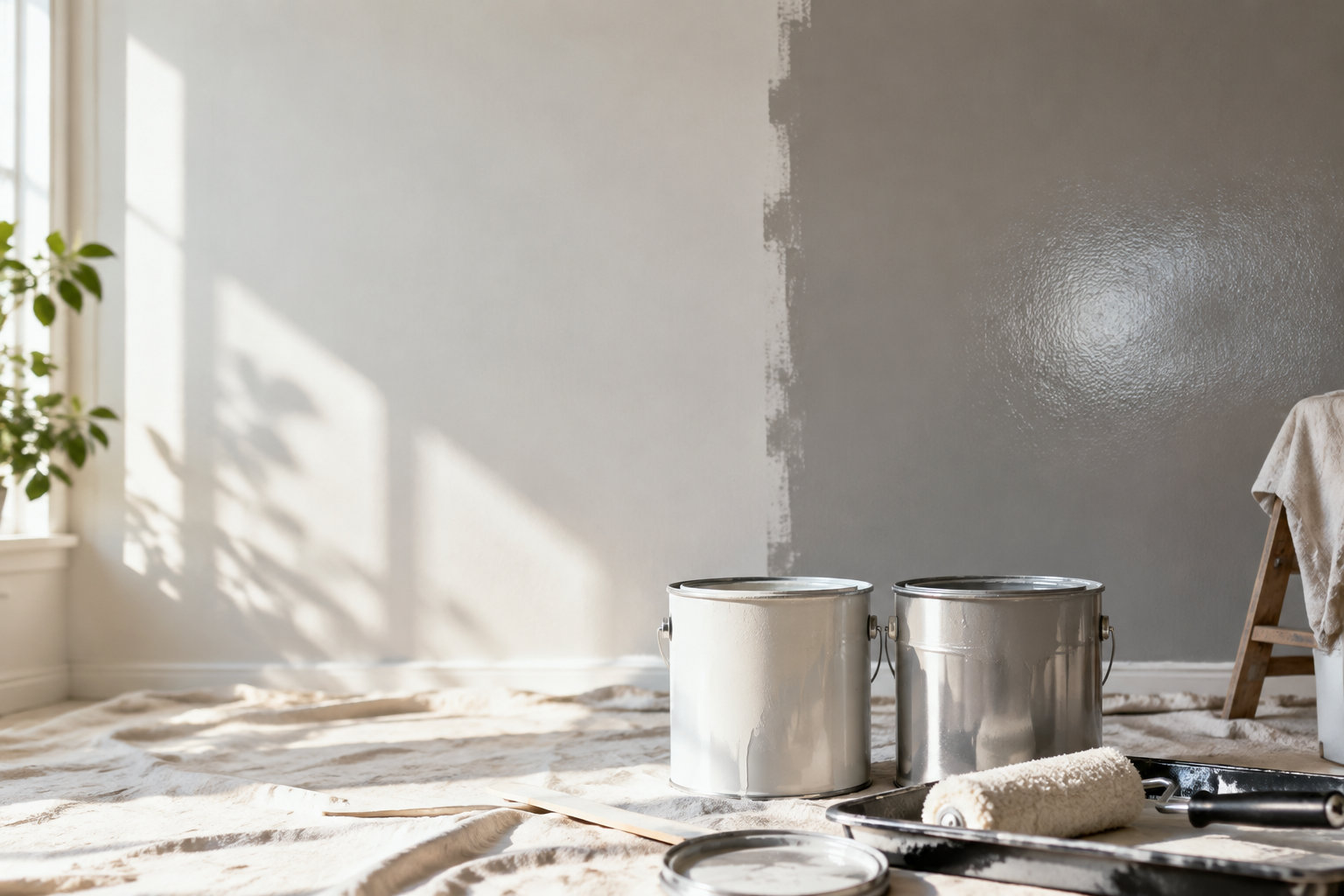 Deux pots de peinture et un rouleau devant un mur peint en partie avec deux finitions différentes.