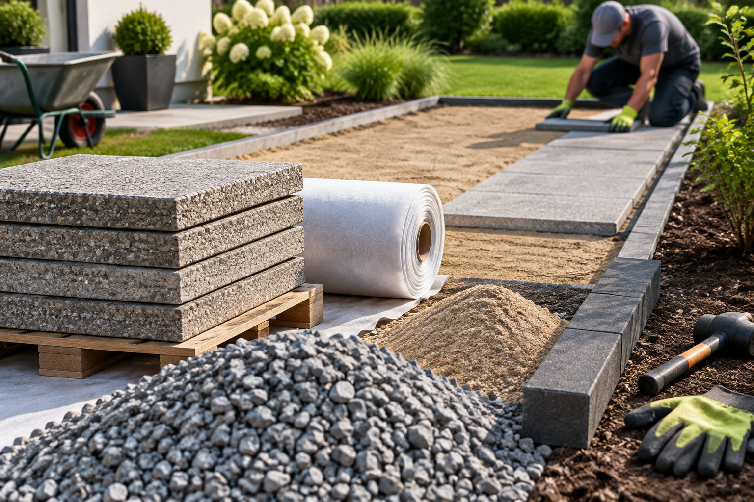 Un homme pose des dalles grises pour aménager une allée dans un jardin, près de matériaux et d’outils de chantier.