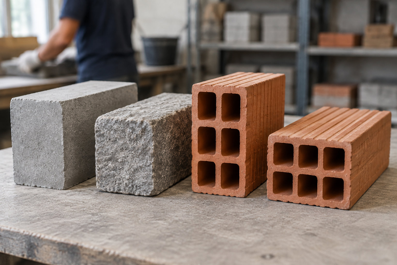 Des blocs de béton et des briques creuses sont alignés sur une table dans un atelier, tandis qu’une personne travaille en arrière-plan.