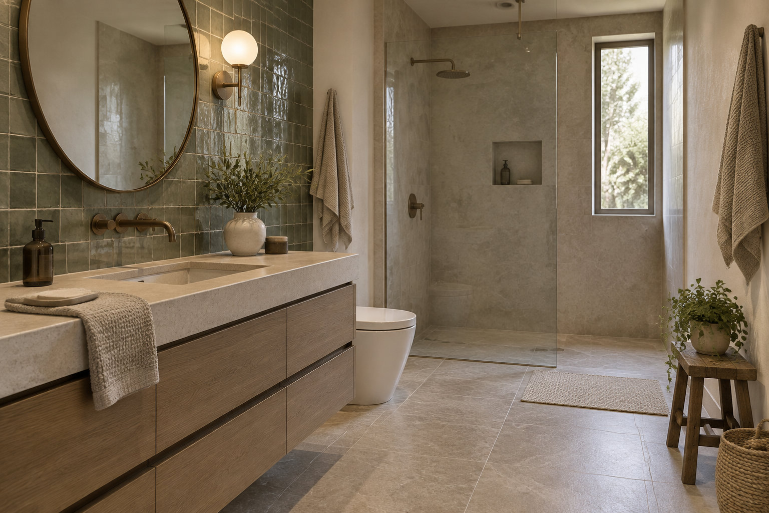 Une salle de bains lumineuse avec un meuble vasque en bois, un grand miroir rond, une douche vitrée, des serviettes et des plantes.
