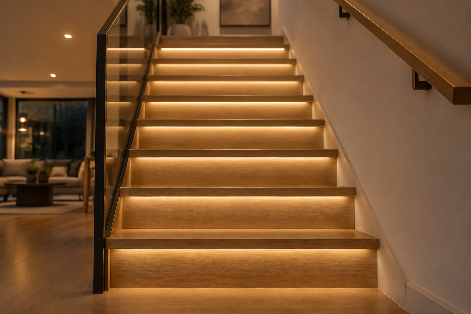 Un escalier en bois éclairé par des bandes lumineuses, avec une rampe en verre et un garde-corps en bois, dans un intérieur chaleureux.